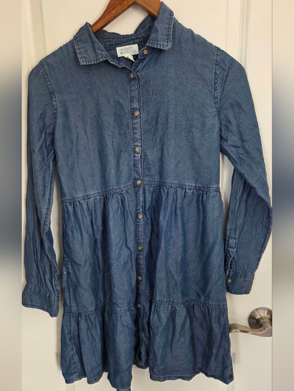 Market & Spruce Blue Denim Button-Front Tiered Dress